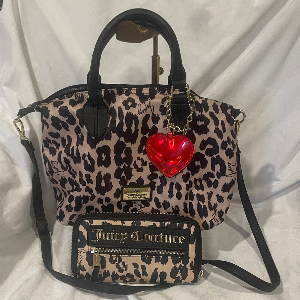 Juicy Couture Black and Tan Leopard Tote Wallet Set with Red Heart Charm NWT